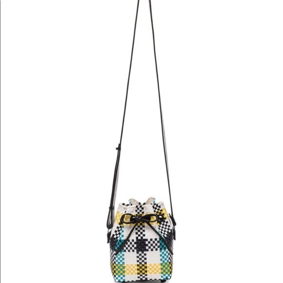 🔥 FIRE SALE CLOSET CLOSING🔥 Truss Mini Bucket Bag Aqua & Plaid Woven Rattan - Picture 2 of 8